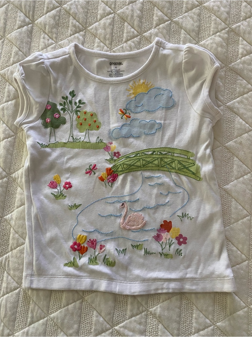 Gymboree White Short-Sleeve Tee with Embroidered Pond and Bridge